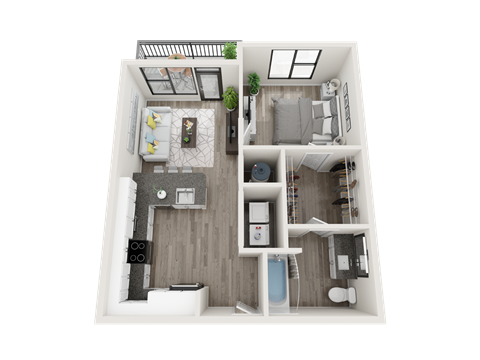 Floor plan for 1 bed, 1 bath, 586 sqft